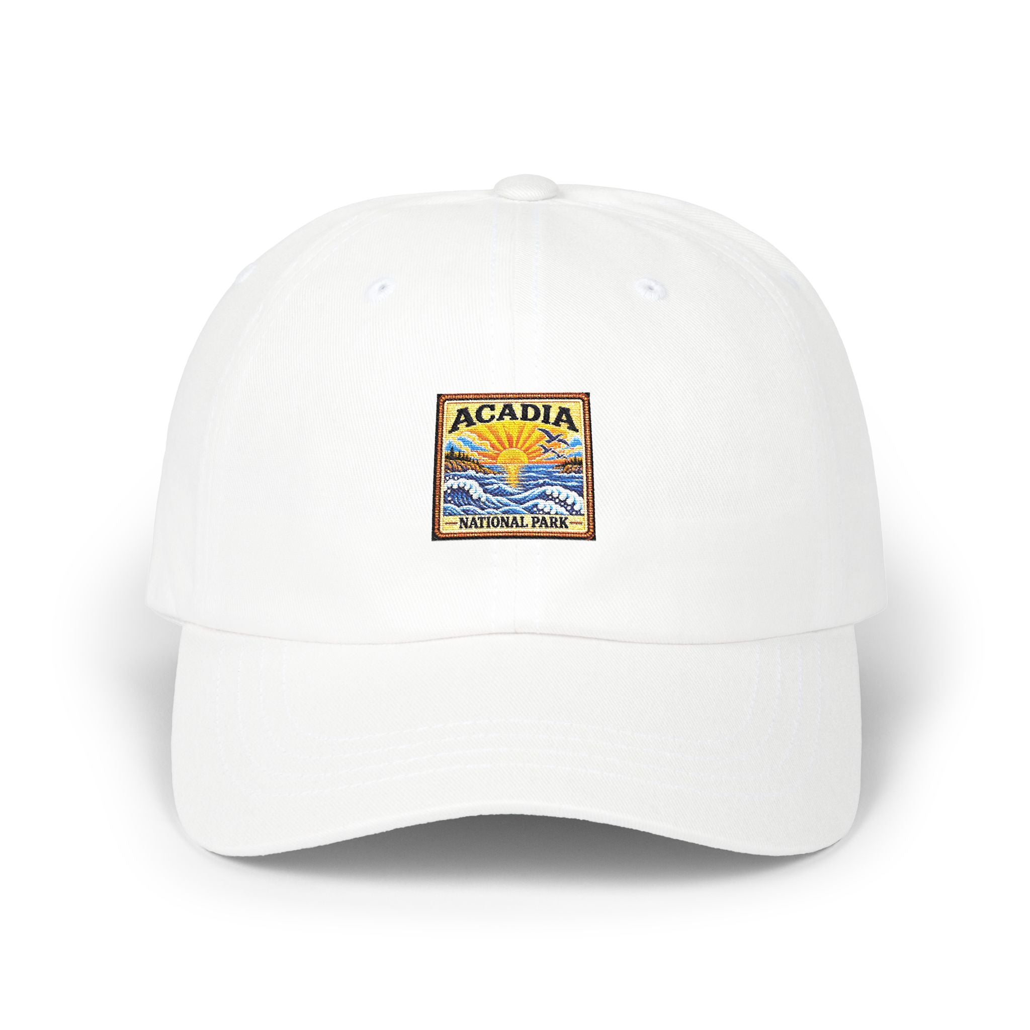 Acadia National Park Sunrise Square Logo Dad Cap