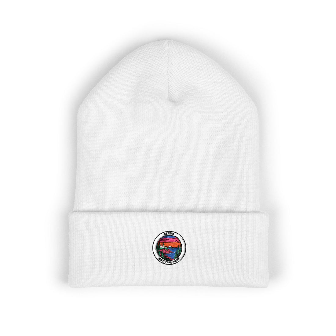 Colorful Mountain Sunset Patch Beanie | Embroidered Cuffed Beanie