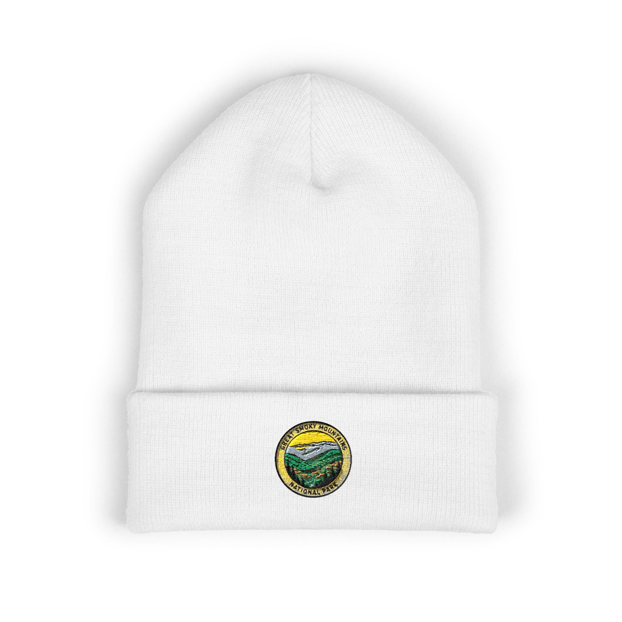Landscape Patch Embroidered Beanie | Mountain Sun River Cuffed Beanie