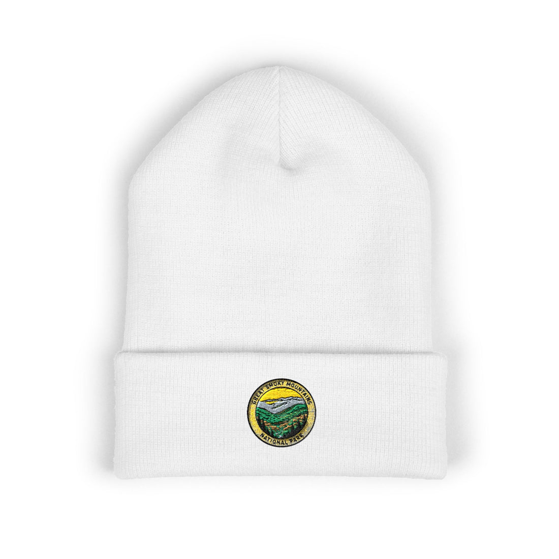 Landscape Patch Embroidered Beanie | Mountain Sun River Cuffed Beanie