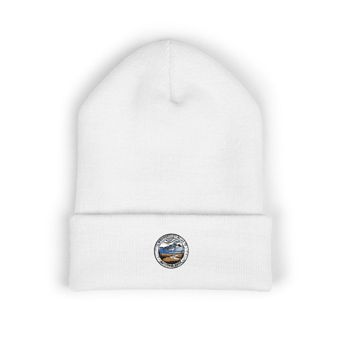 Wrangell St Elias Mountain Landscape Embroidered Beanie | Scenic Patch Cuffed Beanie