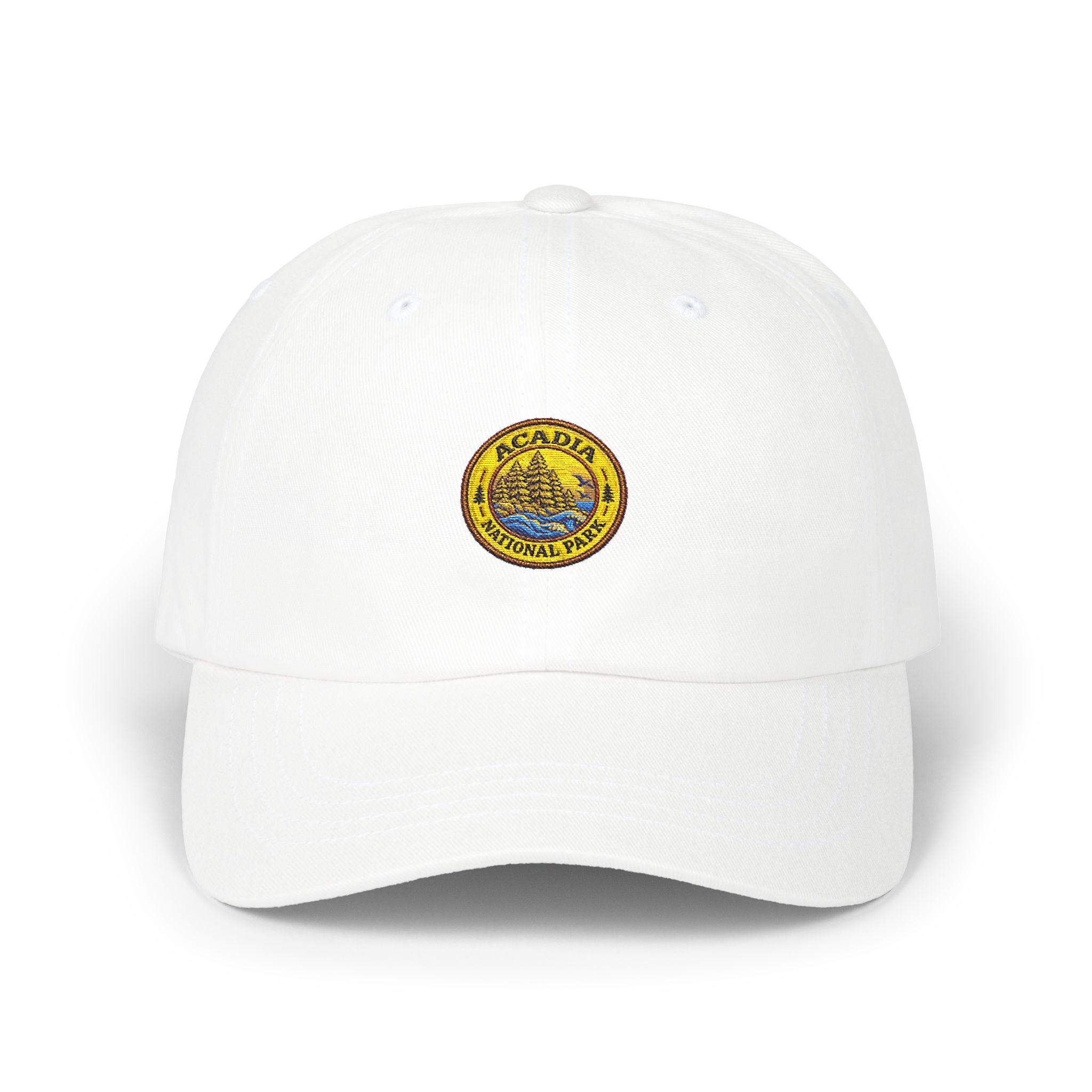 Acadia National Park Pine Trees Round Logo Dad Cap