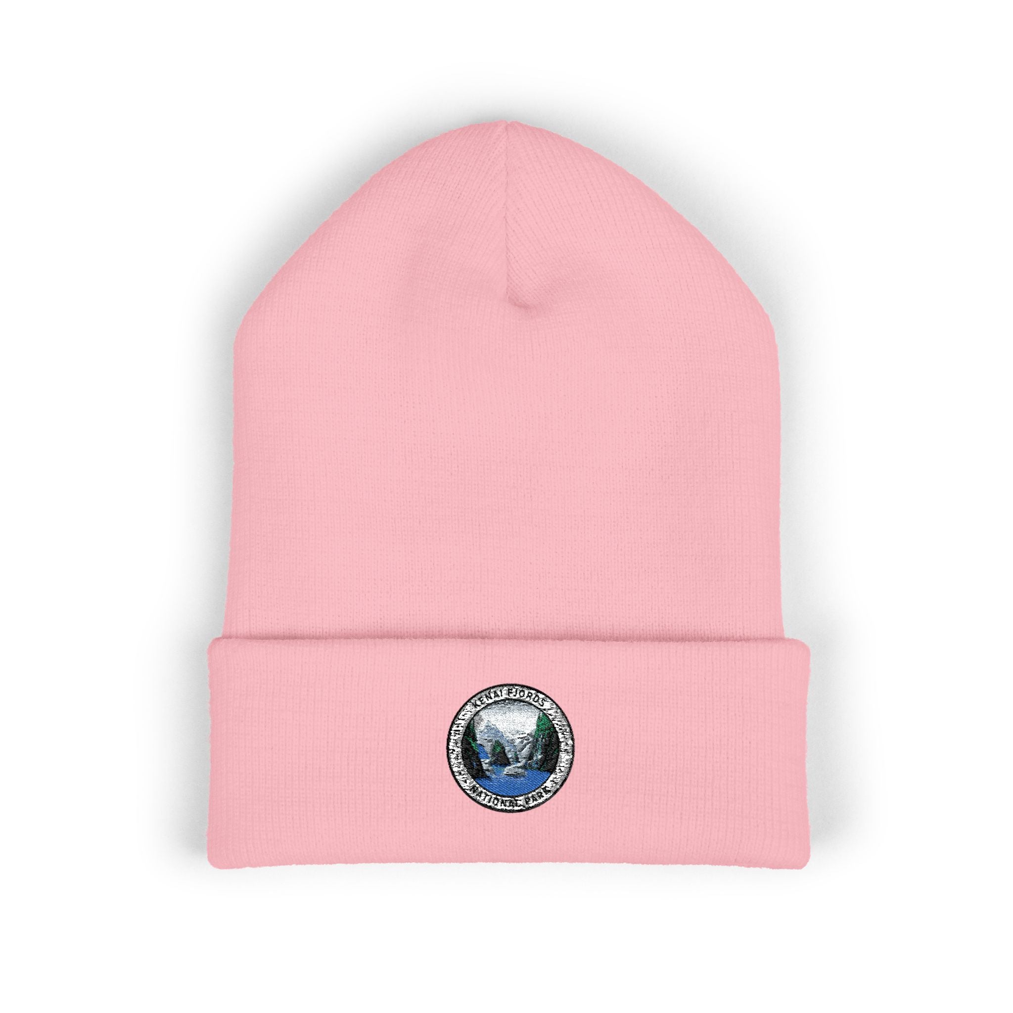Kenai Fjords Mountain Landscape Circle Patch Beanie | Embroidered Cuffed Beanie