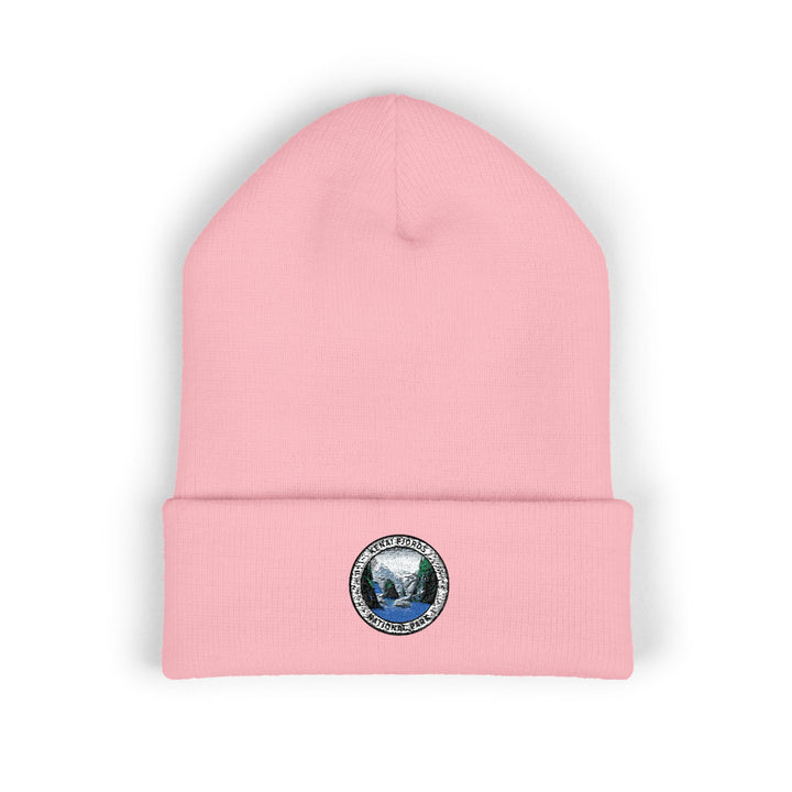 Kenai Fjords Mountain Landscape Circle Patch Beanie | Embroidered Cuffed Beanie
