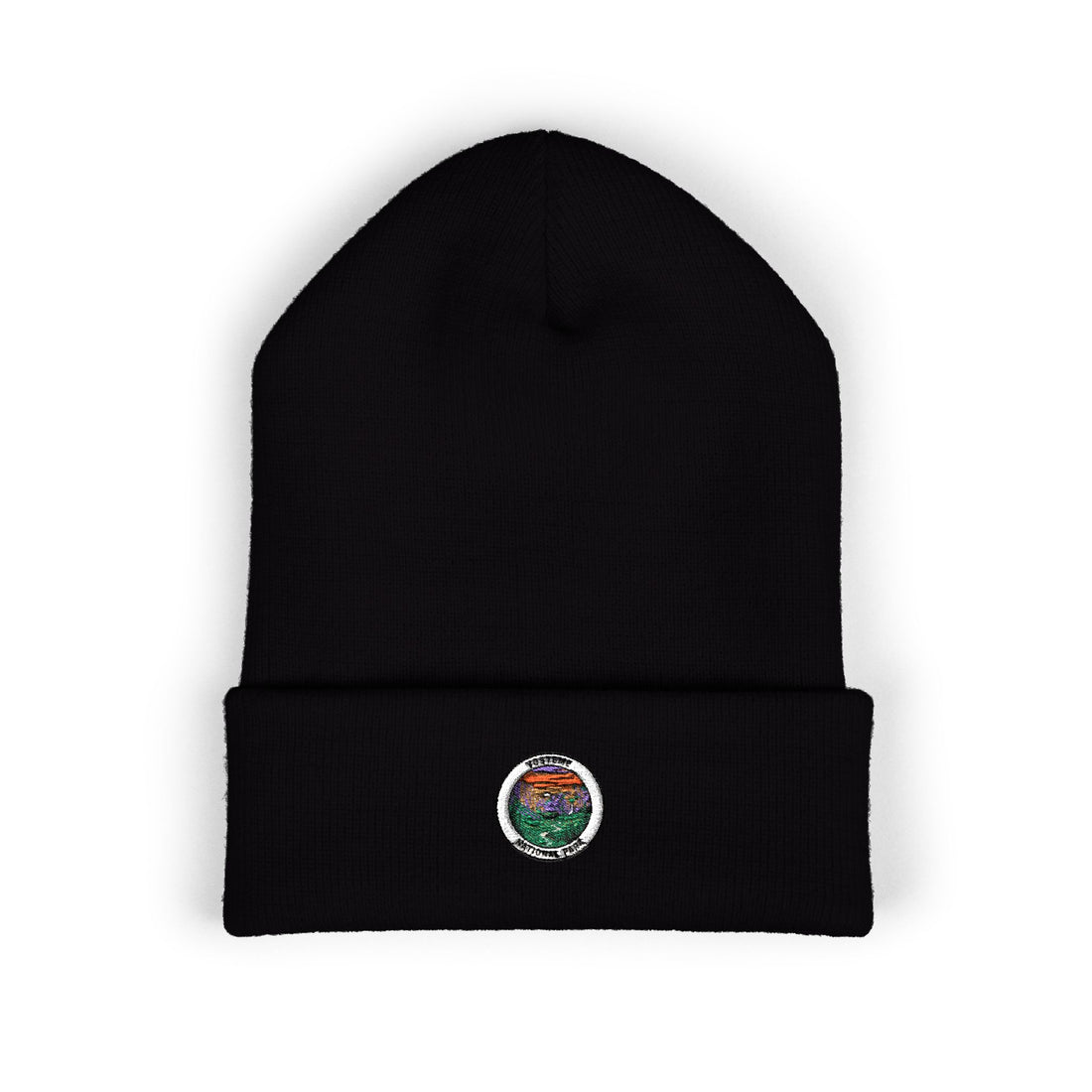 Yosemite Mountain Lake Patch Beanie | Embroidered Cuffed Beanie