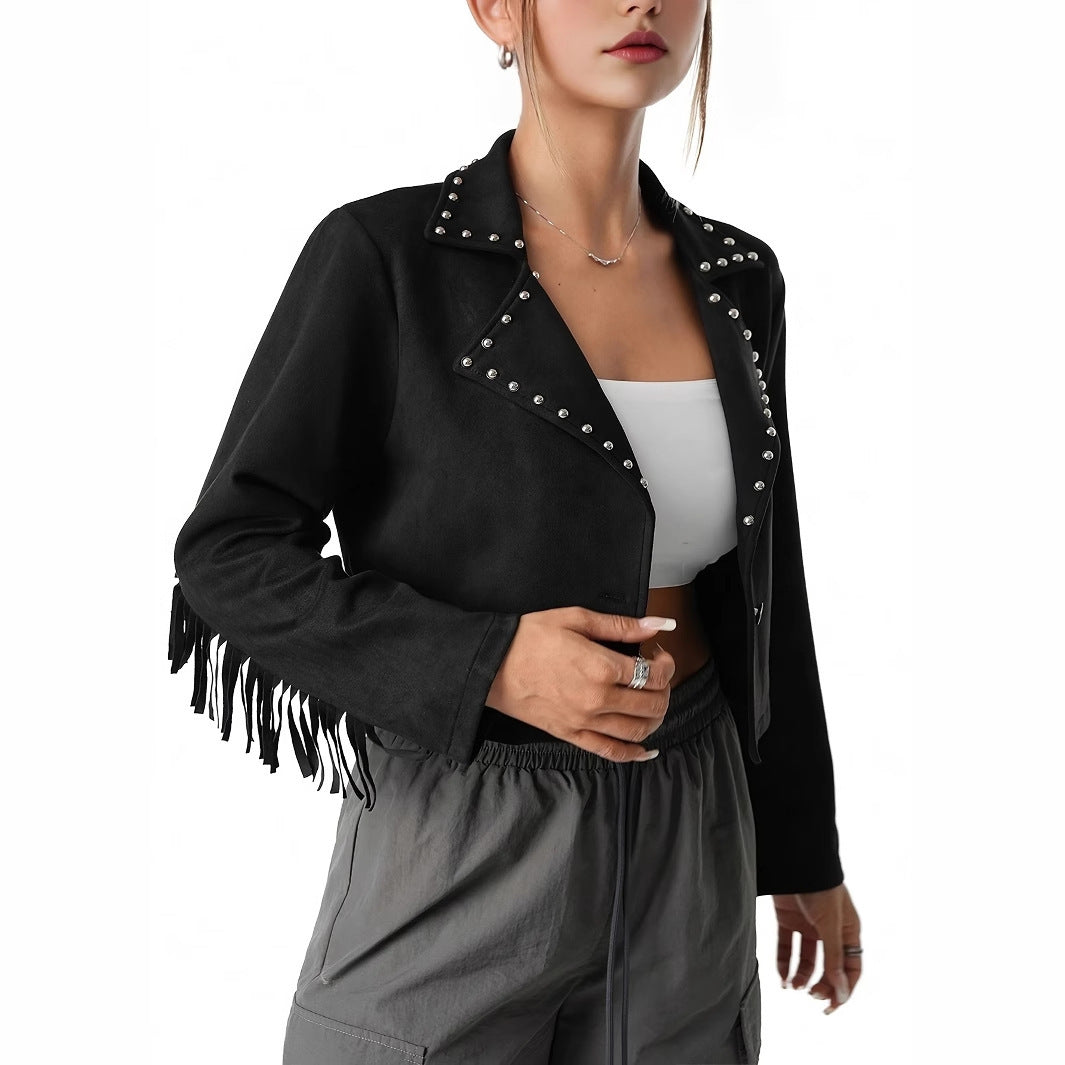 Western Denim Style Suede Fringe Imitation Rivet Women's Short Jacket