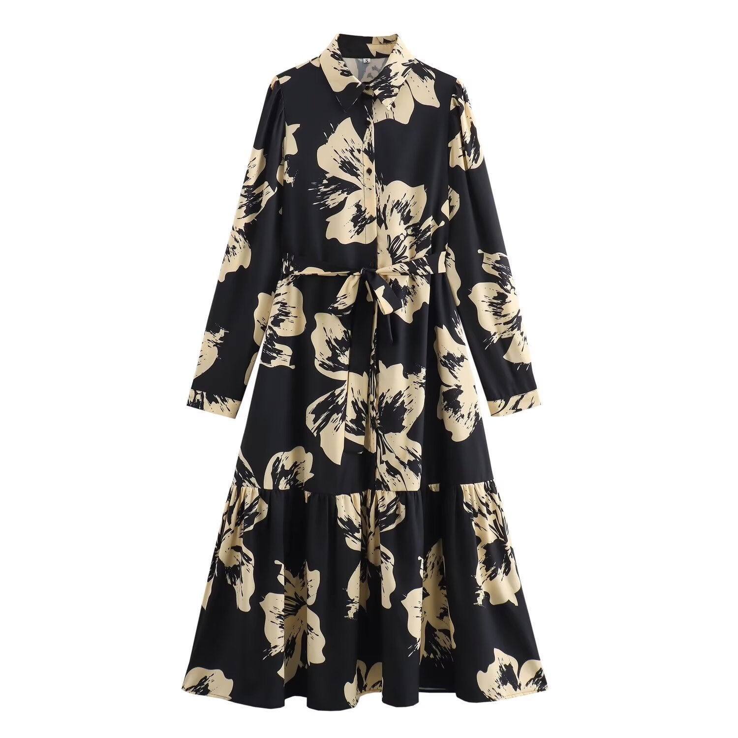 Long Sleeve Printed Temperament Waist-controlled Breasted Shirt Dress