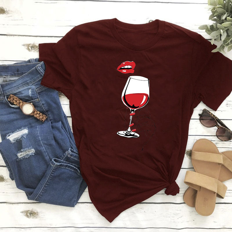 Women's Summer Plus Size Women's Clothes Printed Wine Glass Red Lips T-shirt