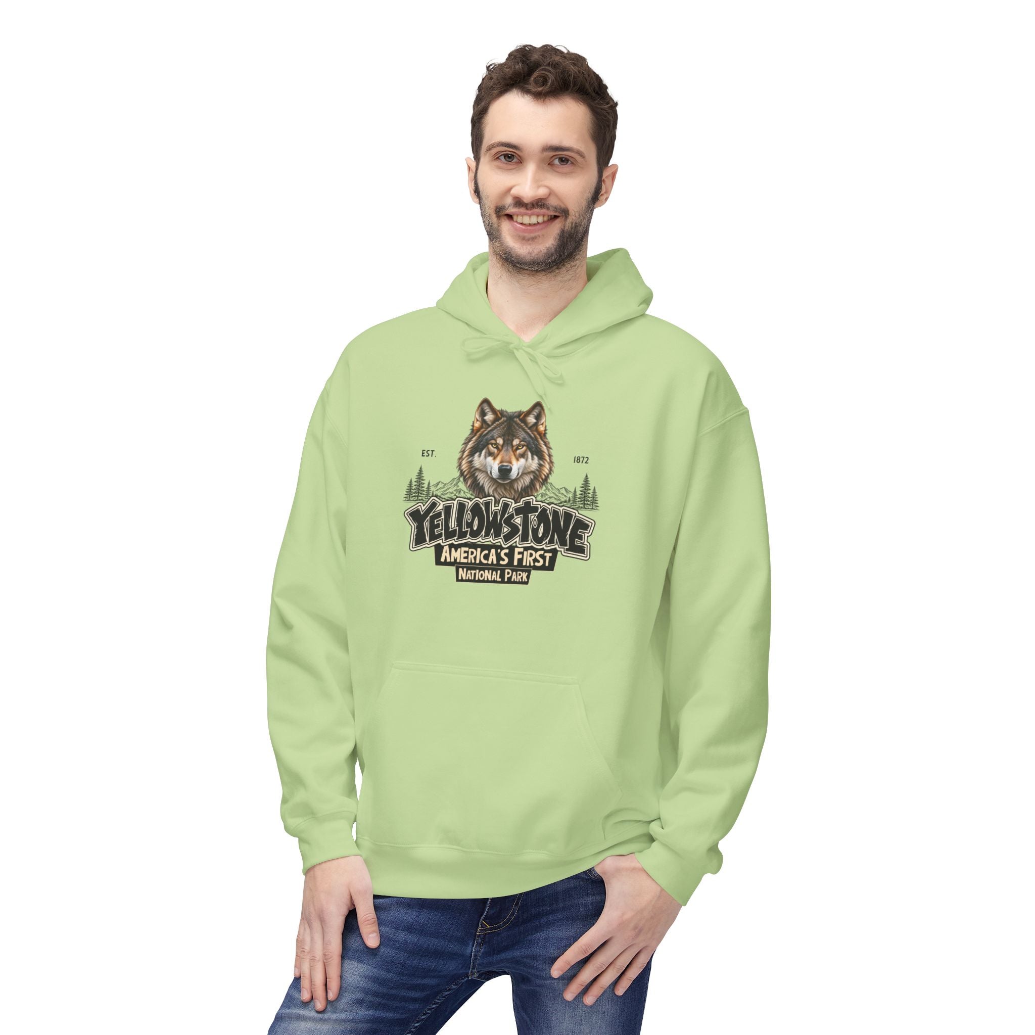 Yellowstone Wolf – Where the Wild Still Roams Hoodie Model1