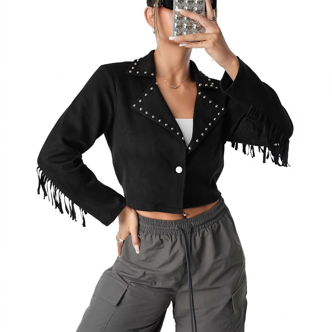Western Denim Style Suede Fringe Imitation Rivet Women's Short Jacket