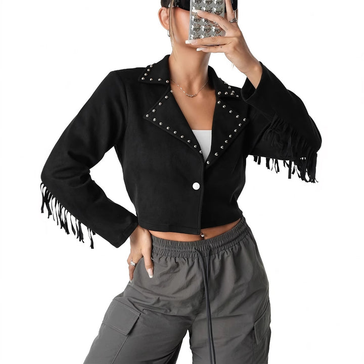 Western Denim Style Suede Fringe Imitation Rivet Women's Short Jacket