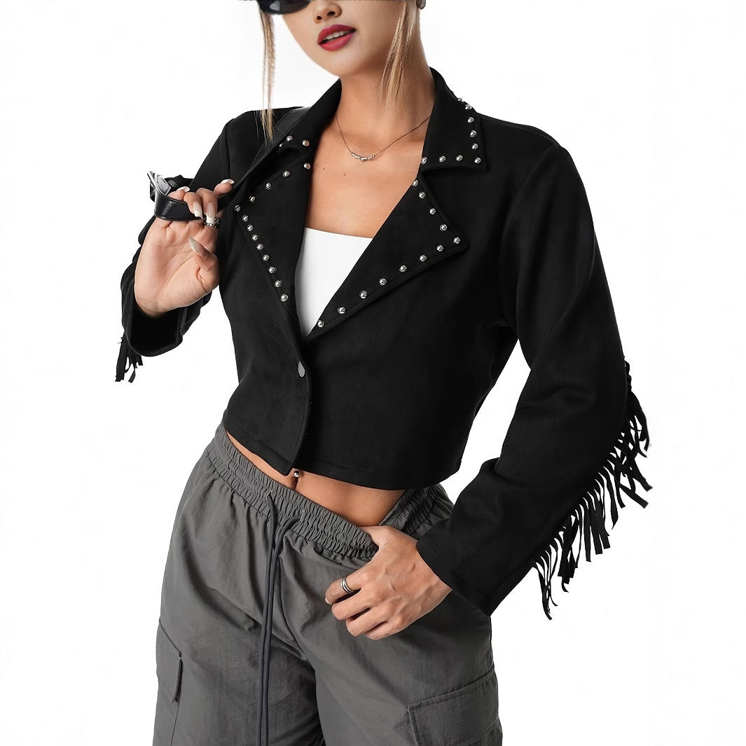 Western Denim Style Suede Fringe Imitation Rivet Women's Short Jacket