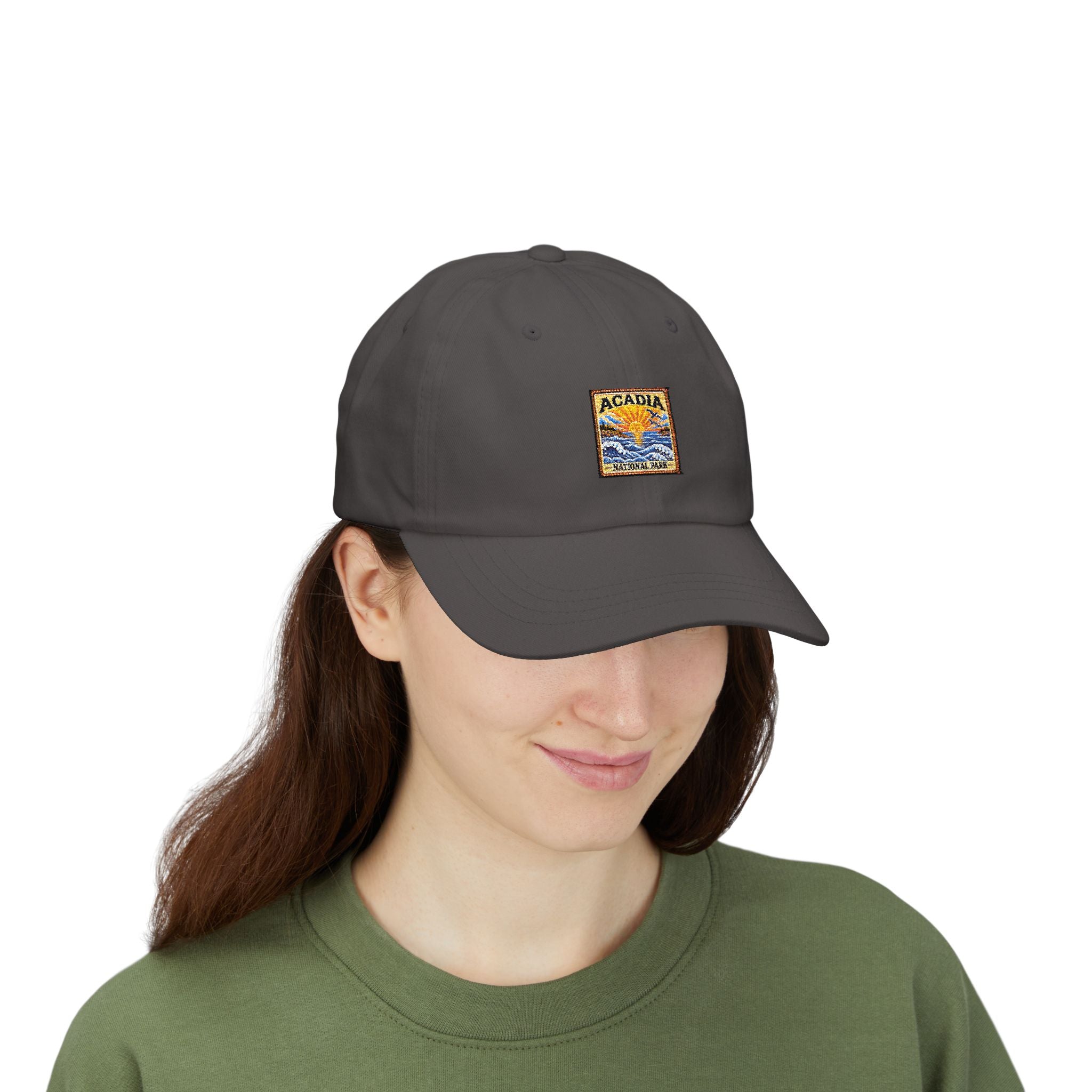 Acadia National Park Sunrise Square Logo Dad Cap