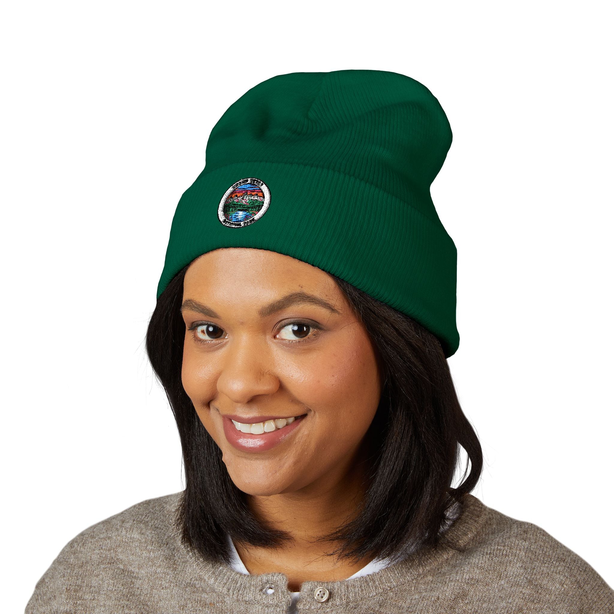 Grand Canyon Mountain Lake Patch Beanie | Embroidered Cuffed Beanie