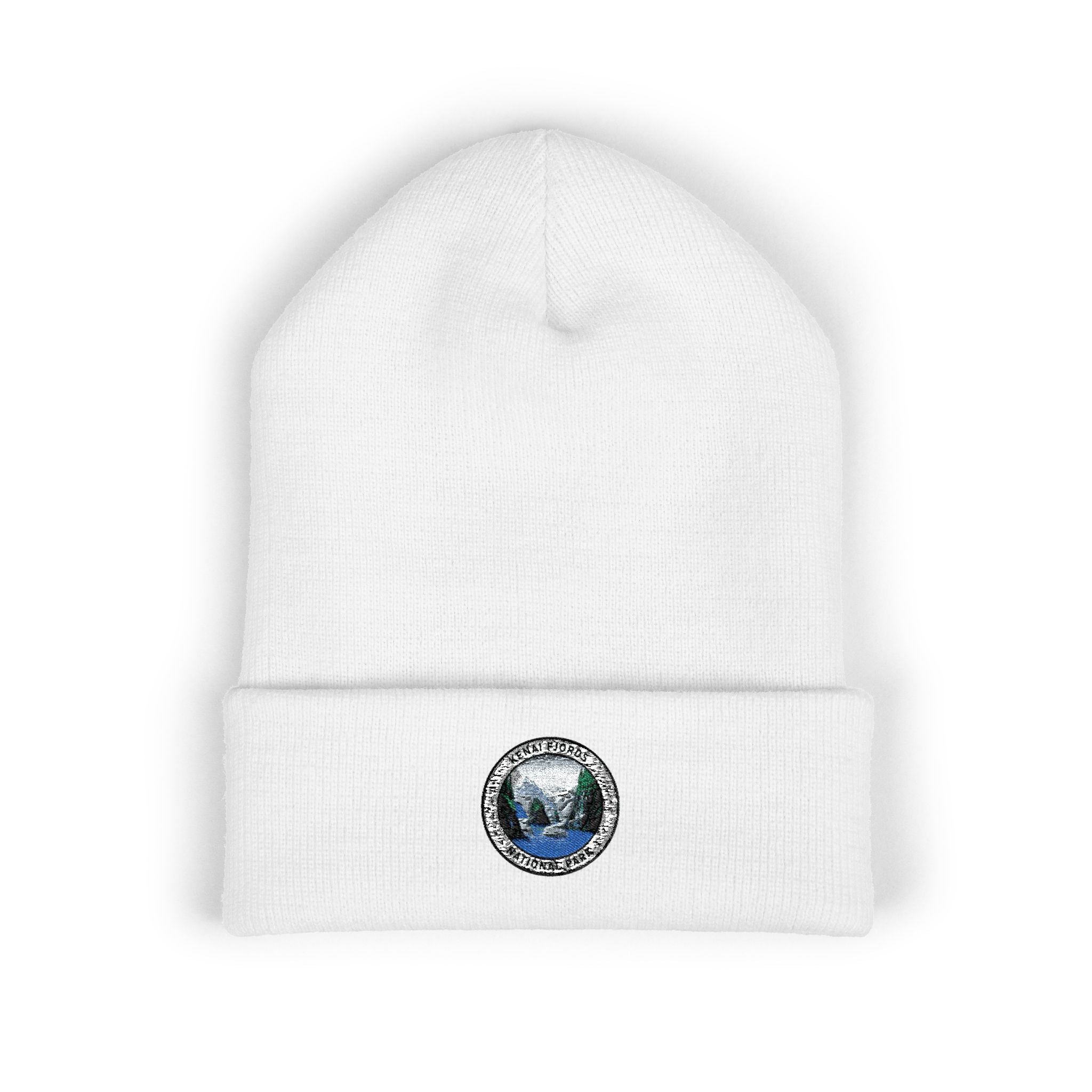 Kenai Fjords Mountain Landscape Circle Patch Beanie | Embroidered Cuffed Beanie