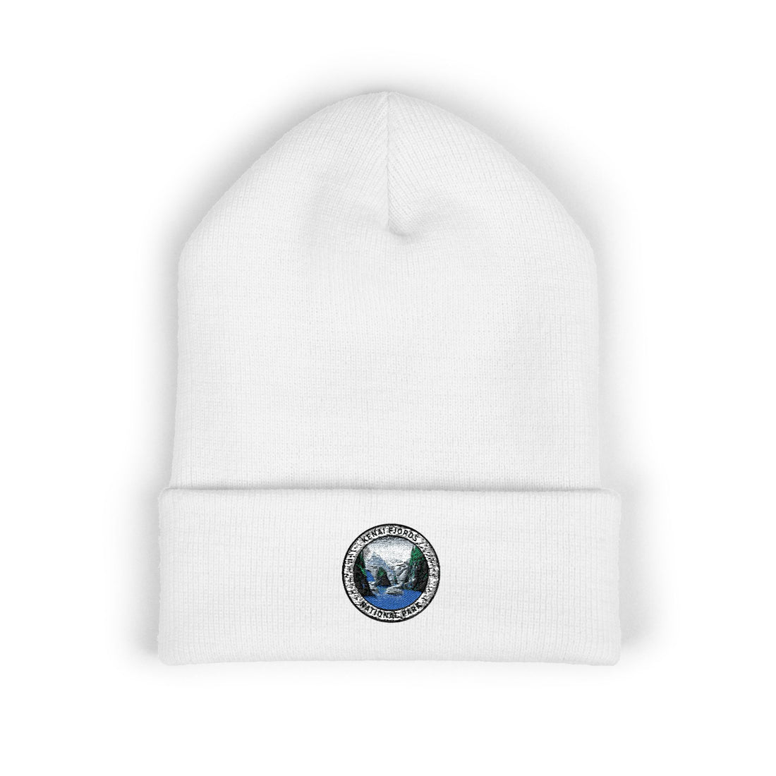 Kenai Fjords Mountain Landscape Circle Patch Beanie | Embroidered Cuffed Beanie