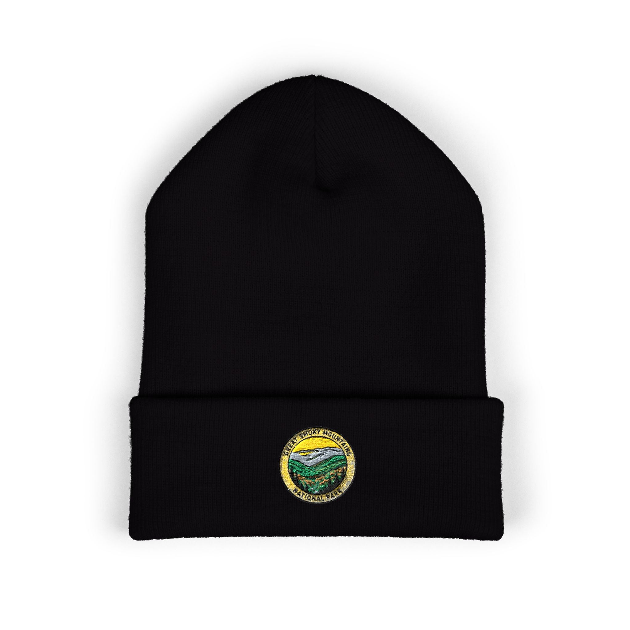 Landscape Patch Embroidered Beanie | Mountain Sun River Cuffed Beanie