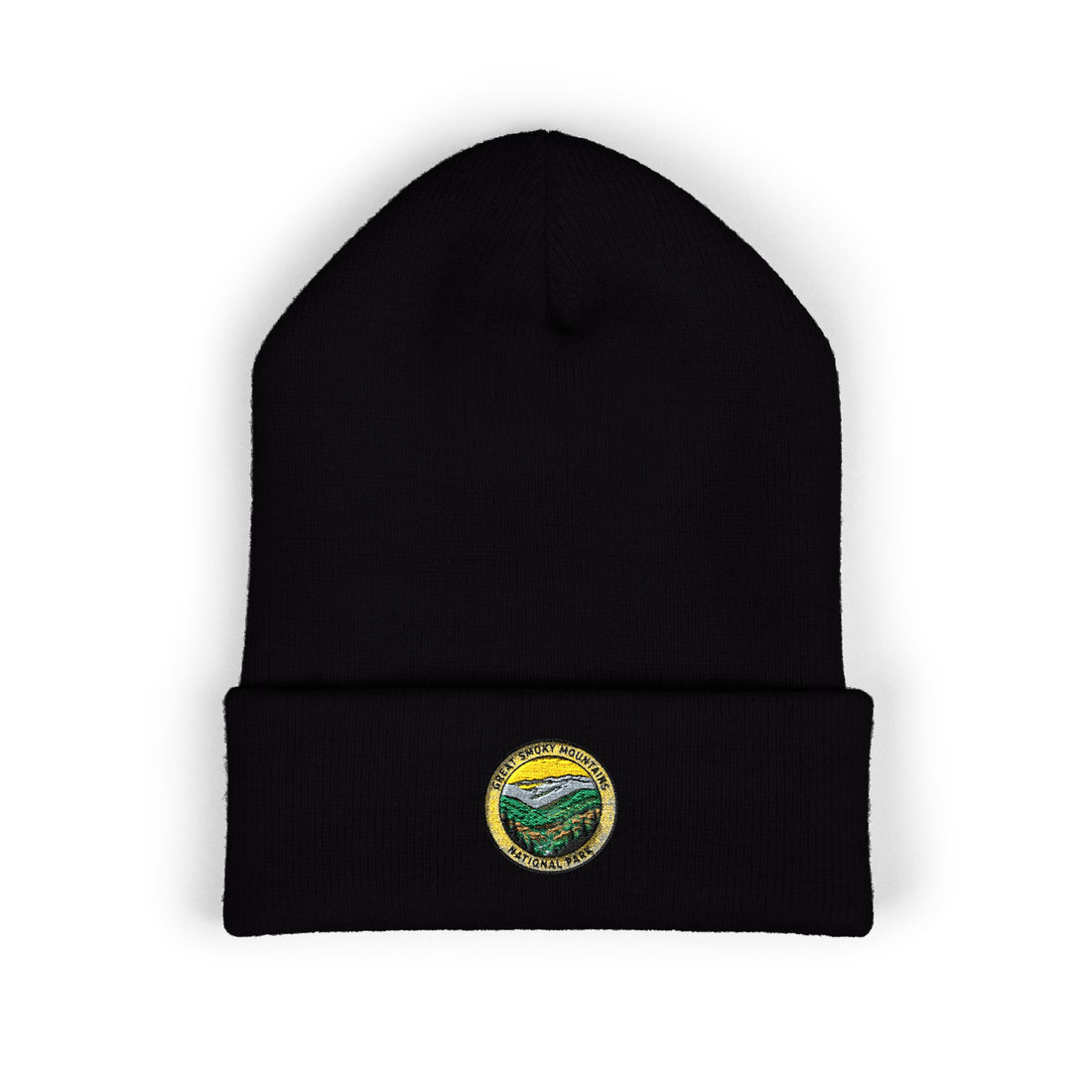 Landscape Patch Embroidered Beanie | Mountain Sun River Cuffed Beanie
