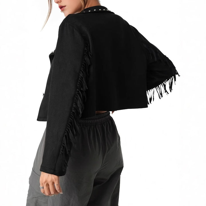 Western Denim Style Suede Fringe Imitation Rivet Women's Short Jacket
