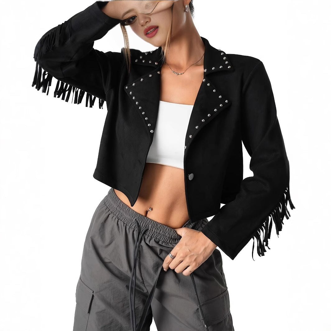 Western Denim Style Suede Fringe Imitation Rivet Women's Short Jacket