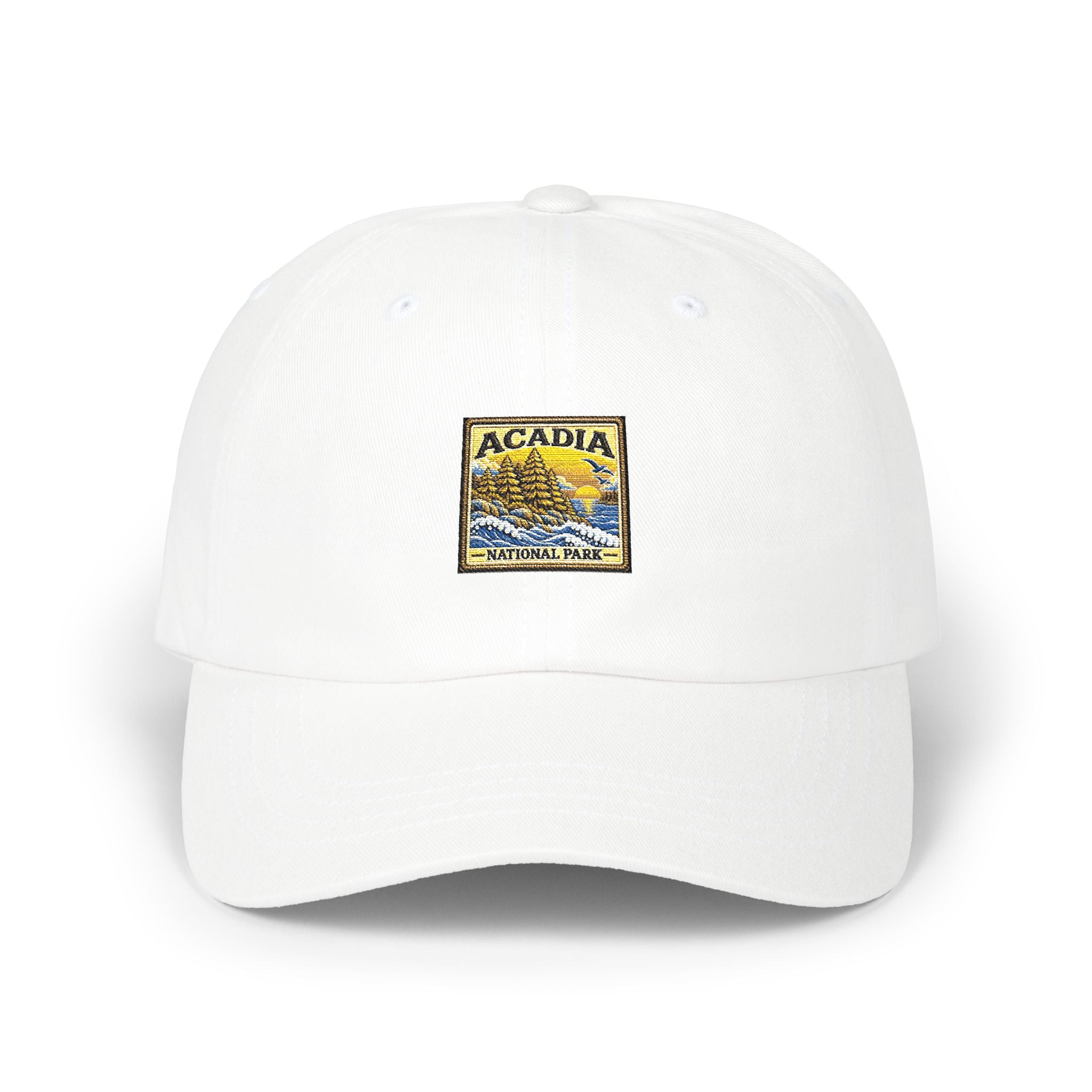 Acadia National Park Pine Trees Square Logo Dad Cap