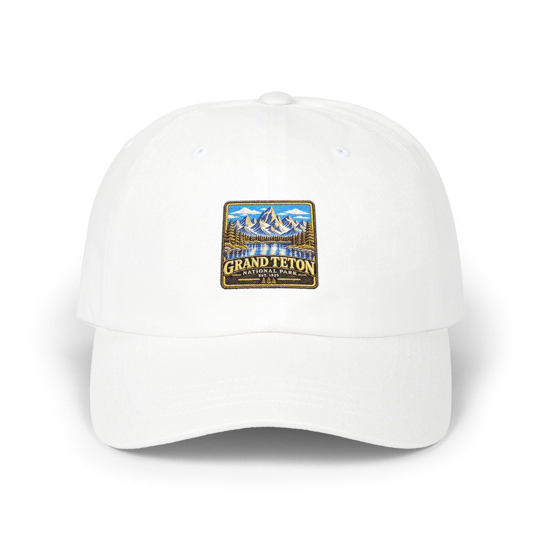 Grand Teton National Park Lake Reflection Square Logo Dad Cap