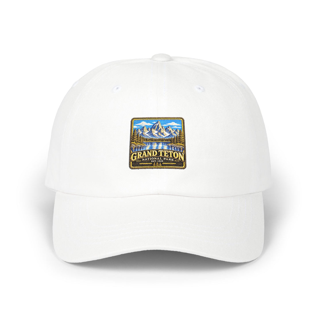 Grand Teton National Park Lake Reflection Square Logo Dad Cap