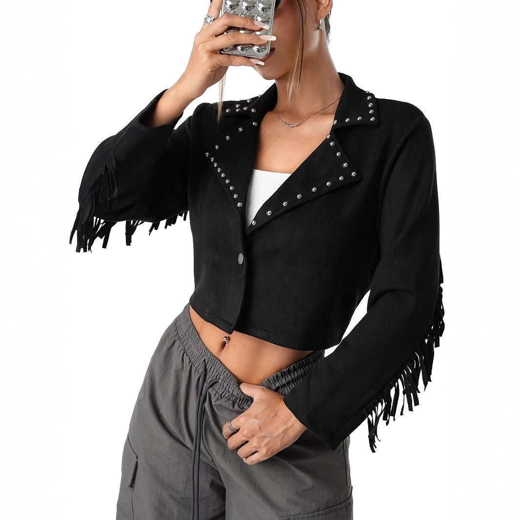 Western Denim Style Suede Fringe Imitation Rivet Women's Short Jacket
