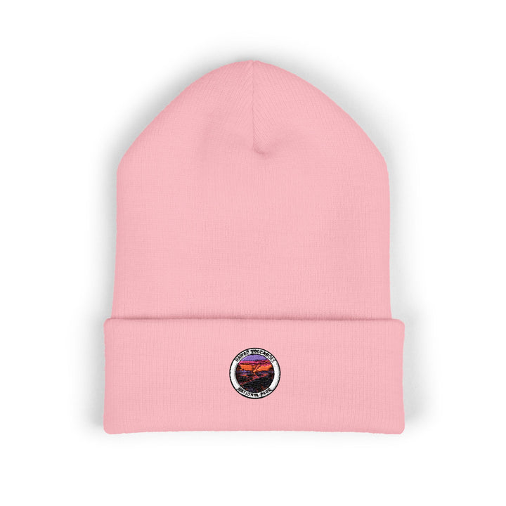 Sunset Volcanoes Mountain Patch Beanie | Embroidered Cuffed Beanie