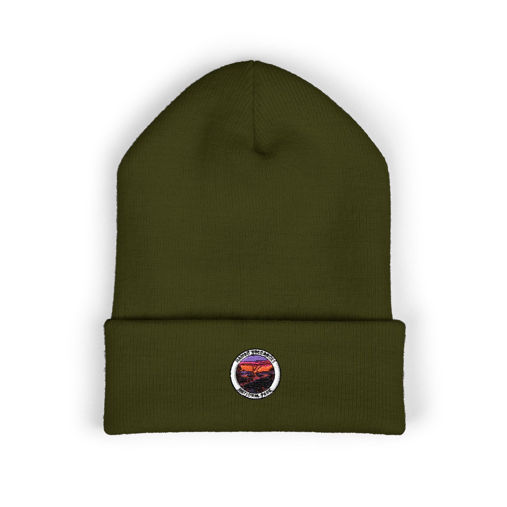Sunset Volcanoes Mountain Patch Beanie | Embroidered Cuffed Beanie