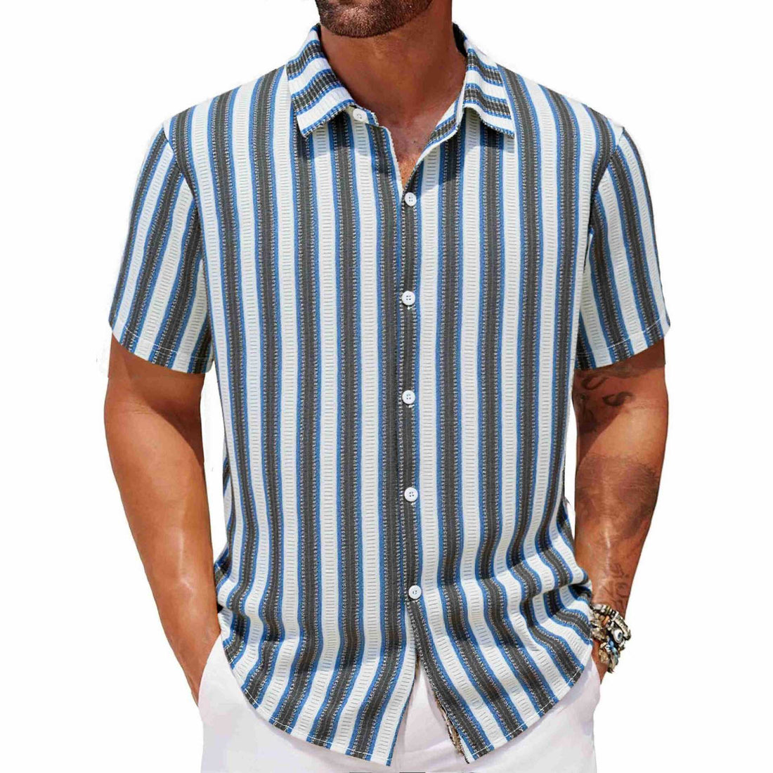 Men's Beach Casual Yarn-dyed Striped Short-sleeved Lapel Shirt A0407