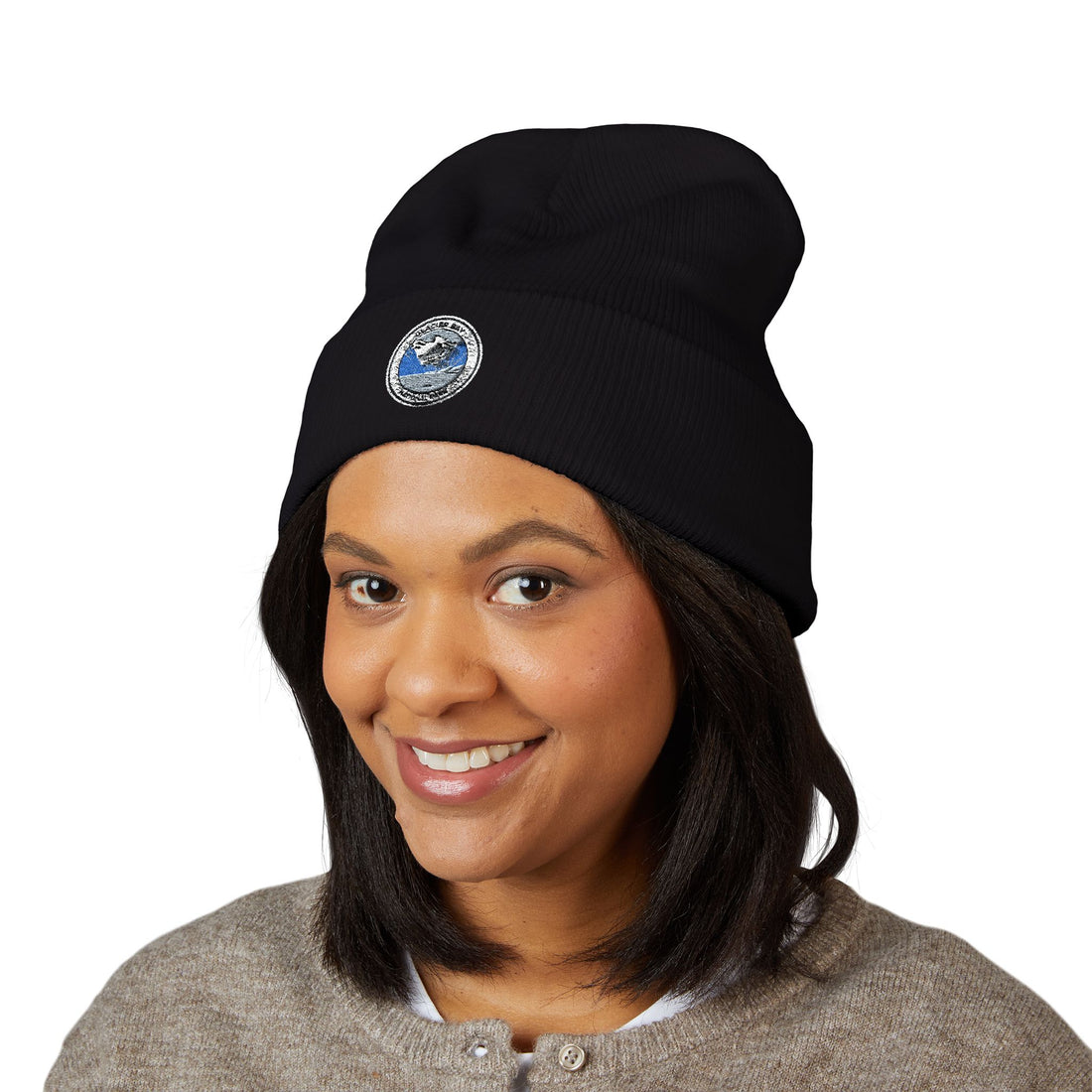Smiling Blue Planet Earth Embroidered Beanie | Cuffed Beanie