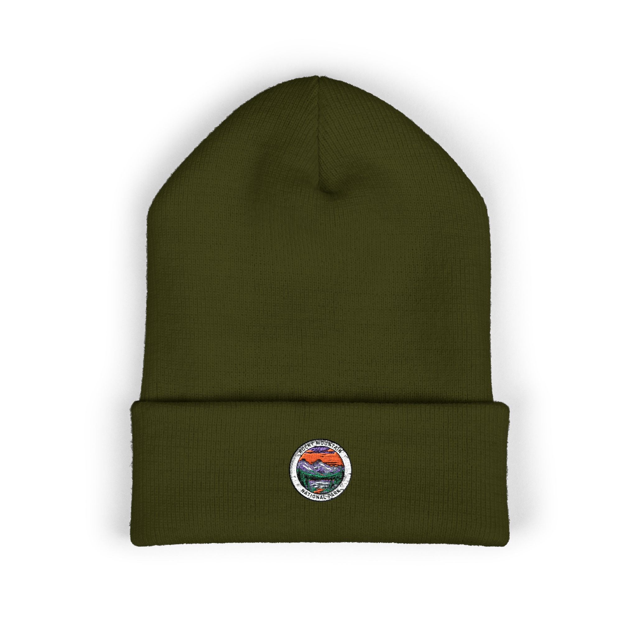 Sunset Rocky Mountain Patch Beanie | Embroidered Cuffed Beanie