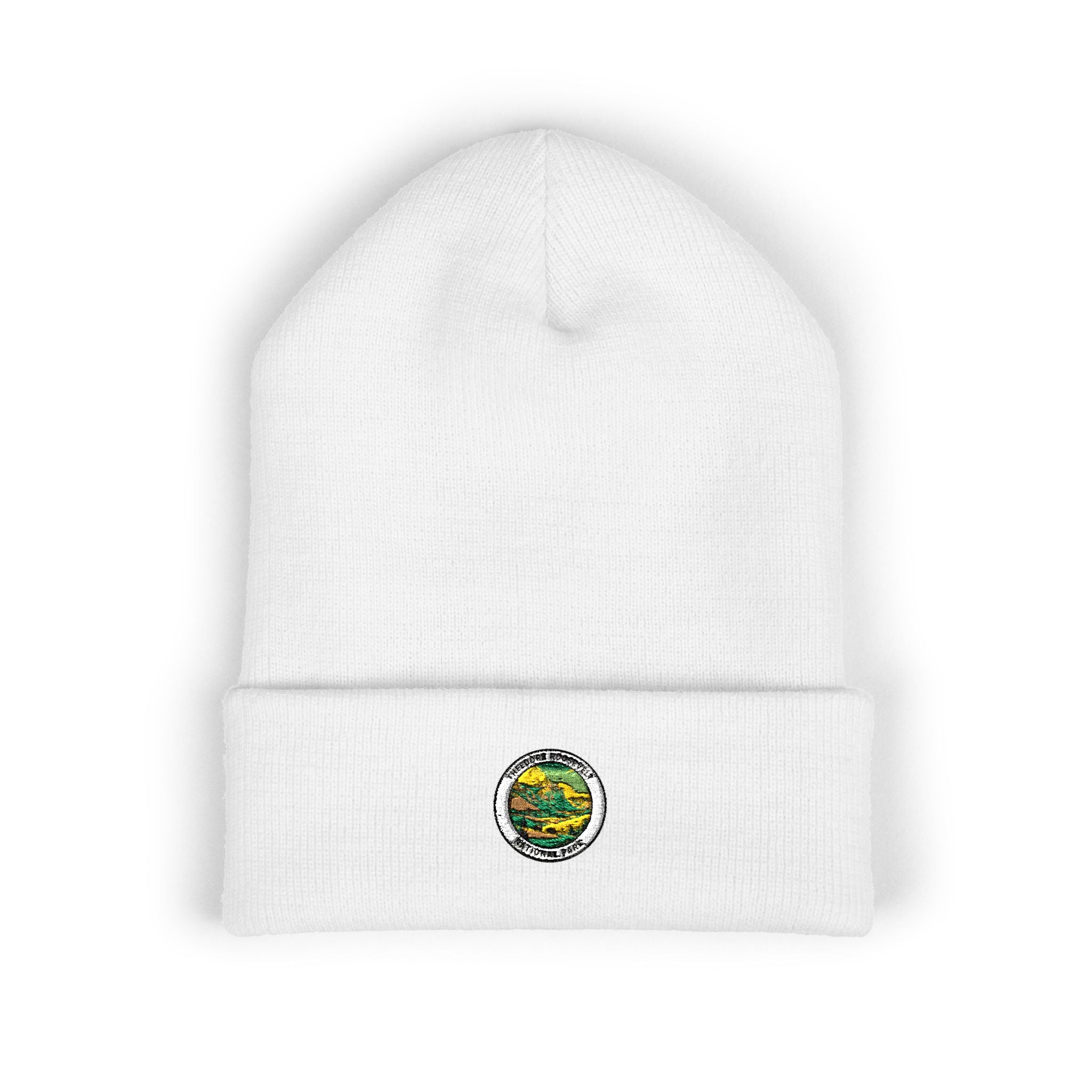 Circular Landscape Patch Beanie | Embroidered Cuff Beanie
