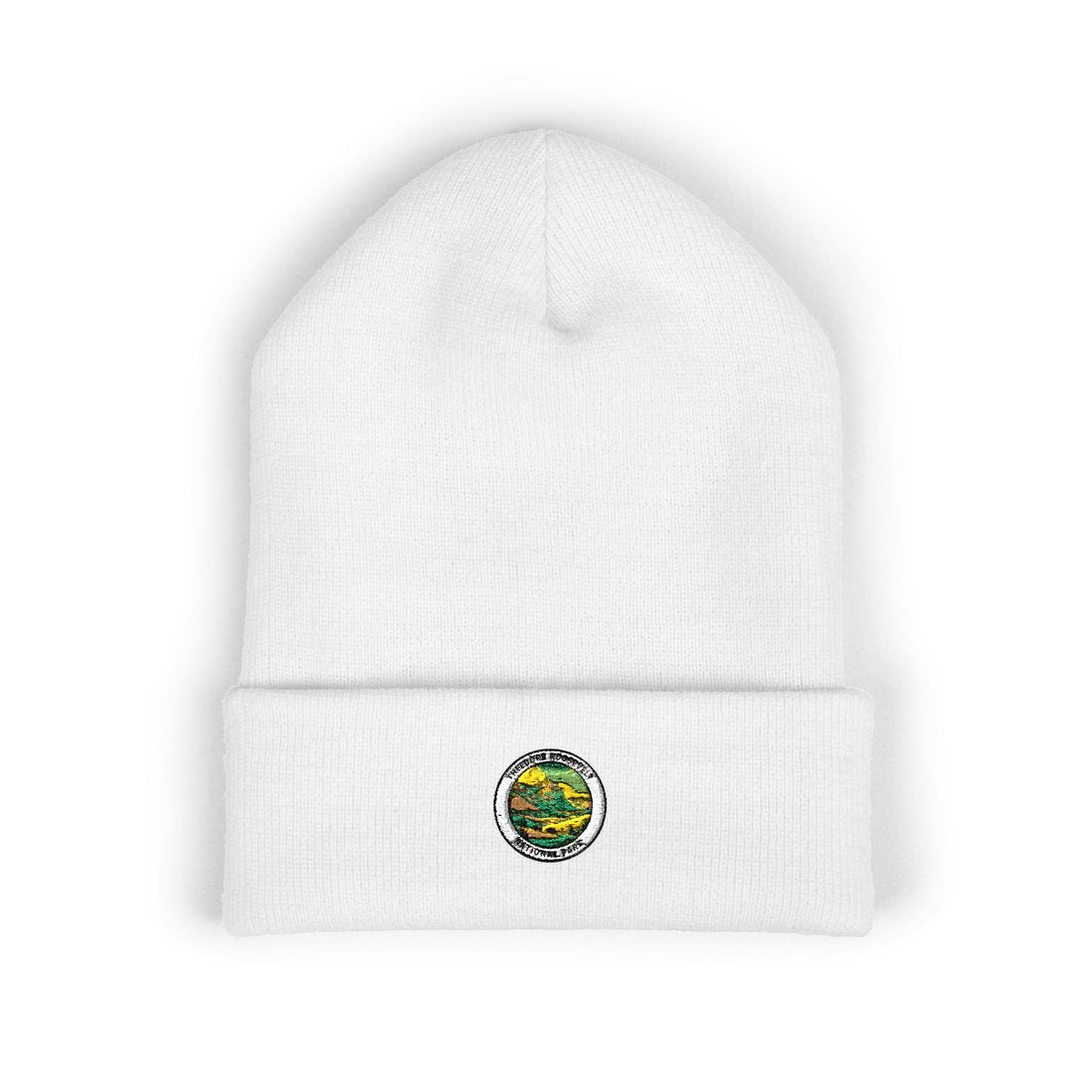 Circular Landscape Patch Beanie | Embroidered Cuff Beanie