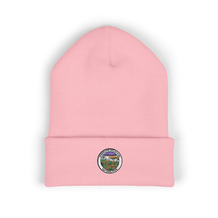 Mountain Landscape Patch Beanie | Embroidered Cuffed Hat