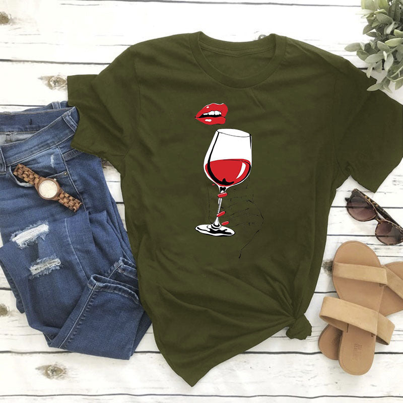 Women's Summer Plus Size Women's Clothes Printed Wine Glass Red Lips T-shirt