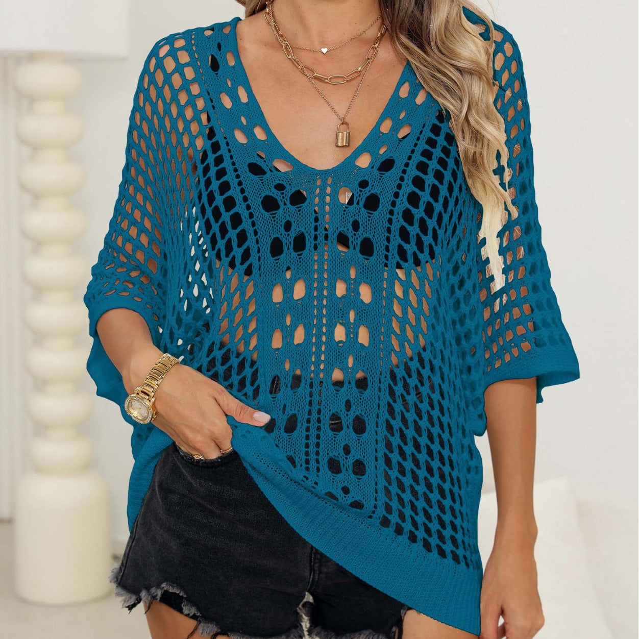 Women's Sexy Cutout Woven Shirt Batwing Sleeve Loose Casual Top Bikini Cover-up Blouse