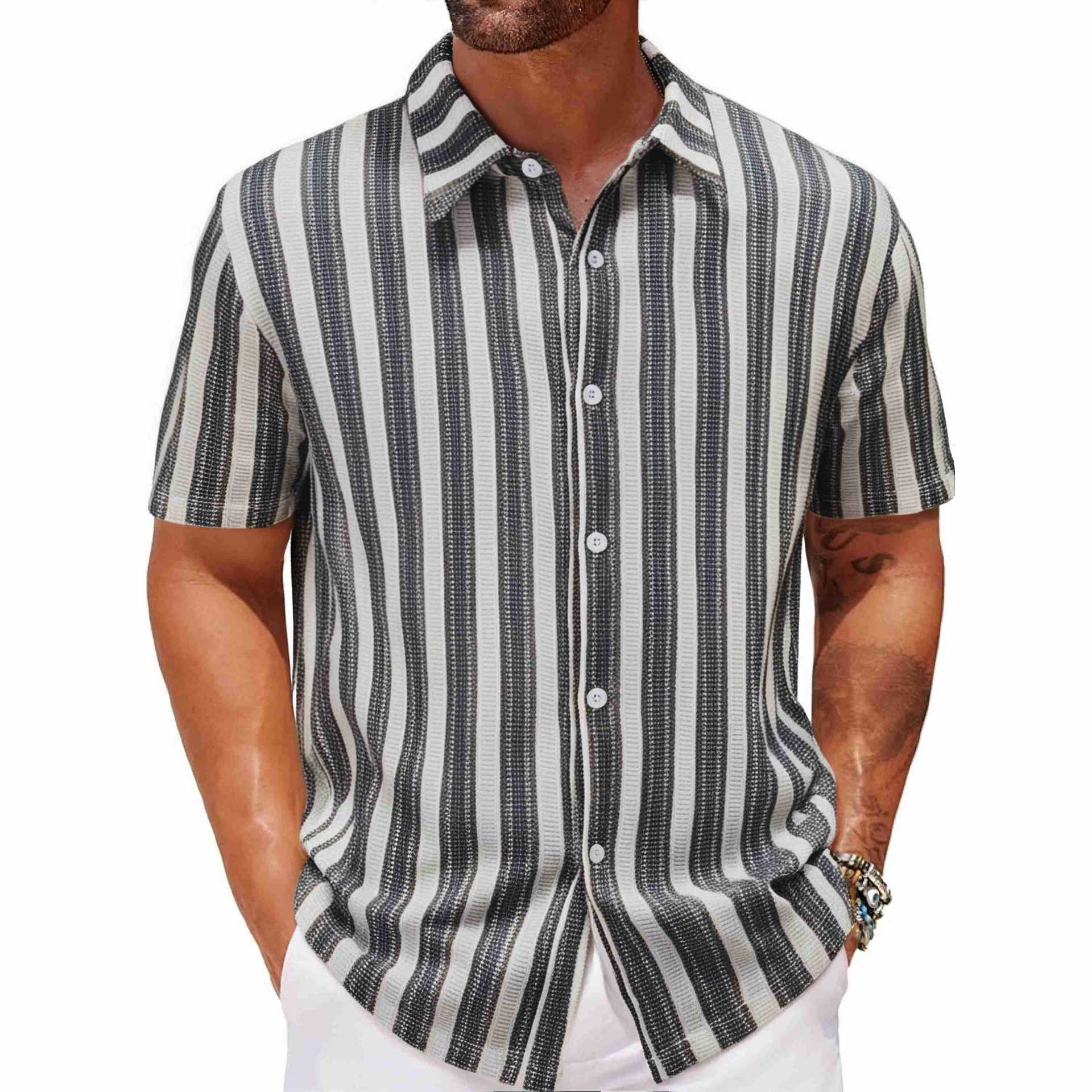 Men's Beach Casual Yarn-dyed Striped Short-sleeved Lapel Shirt A0407