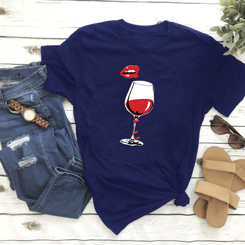 Women's Summer Plus Size Women's Clothes Printed Wine Glass Red Lips T-shirt
