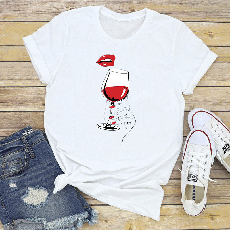 Women's Summer Plus Size Women's Clothes Printed Wine Glass Red Lips T-shirt