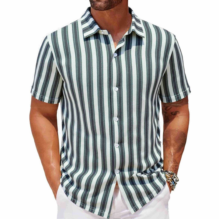 Men's Beach Casual Yarn-dyed Striped Short-sleeved Lapel Shirt A0407