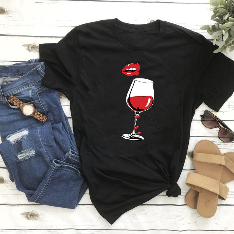 Women's Summer Plus Size Women's Clothes Printed Wine Glass Red Lips T-shirt