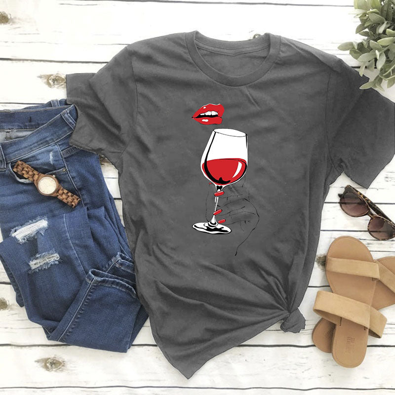 Women's Summer Plus Size Women's Clothes Printed Wine Glass Red Lips T-shirt
