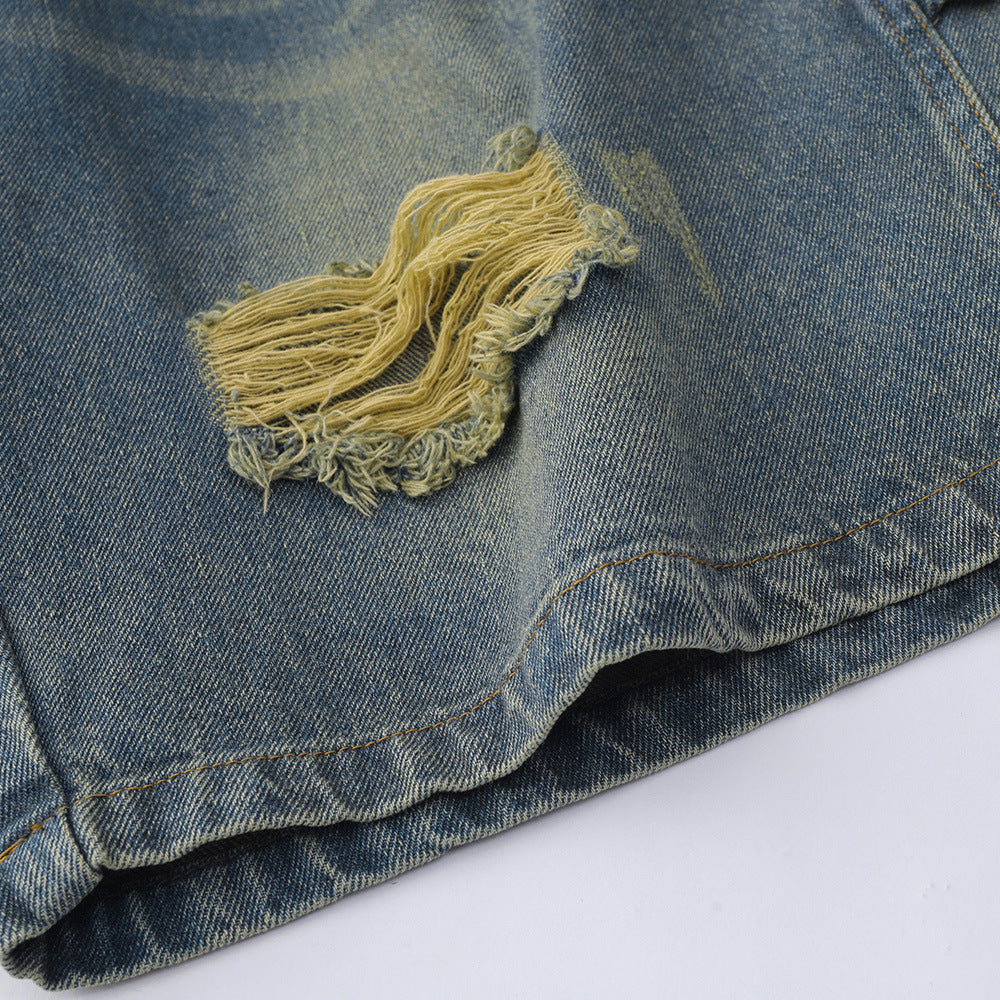 Water Washed Hole Denim Shorts For Men